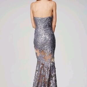 Jovani Strapless Silver Lace Dress